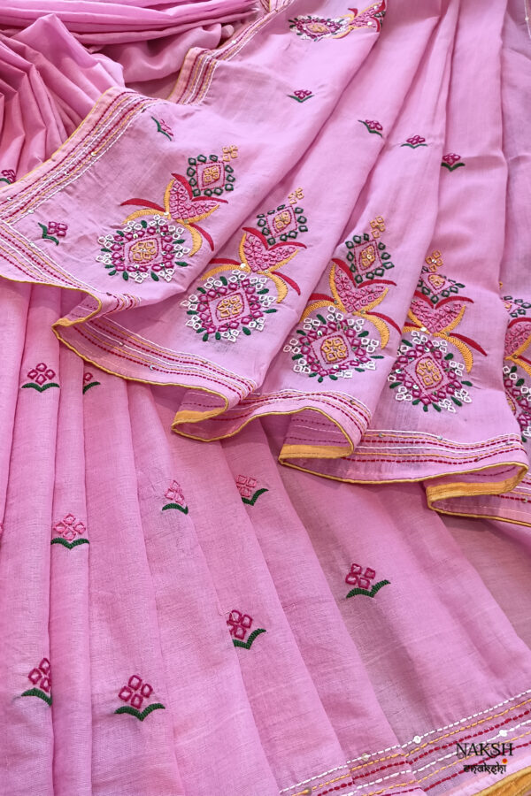 Hand embroidered tussar saree pink color saree with embroidered blouse piece