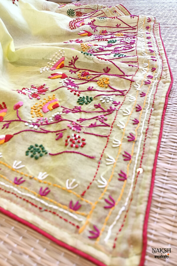 Hand embroidered tussar saree light lemon green color saree with embroidered blouse piece