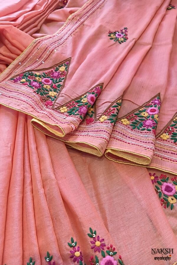 Hand embroidered tussar saree peach pink color saree with embroidered blouse piece