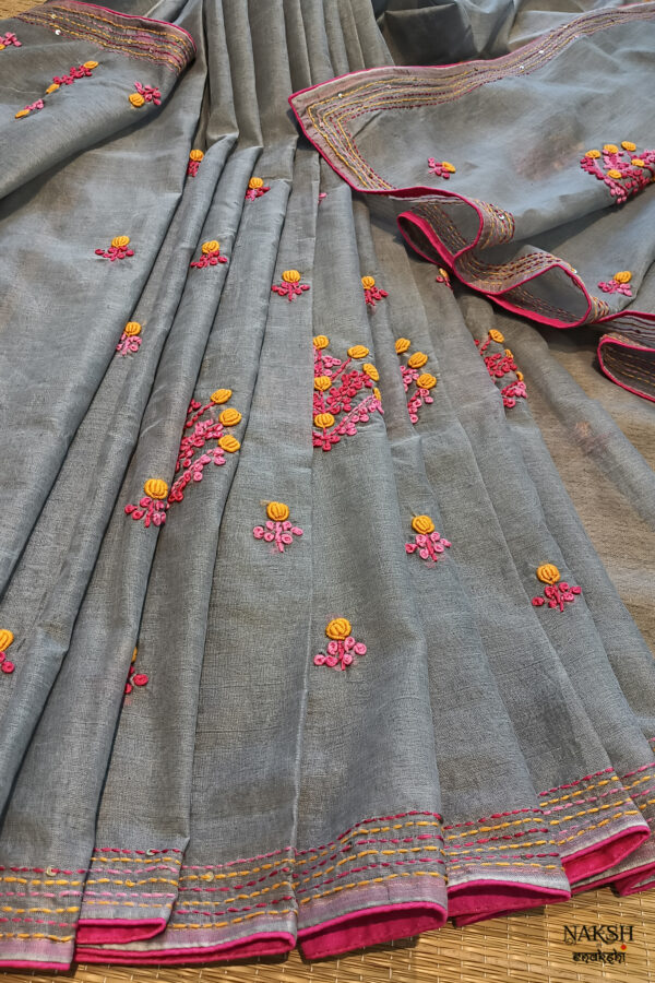 Hand embroidered tussar saree steel grey color saree with embroidered blouse piece