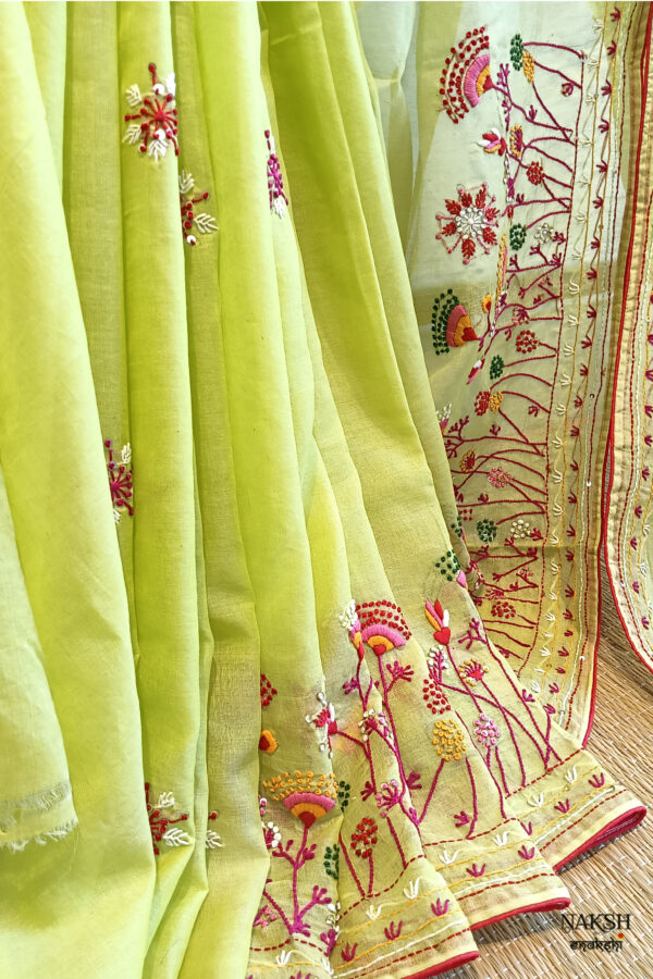 Hand embroidered tussar saree light lemon green color saree with embroidered blouse piece