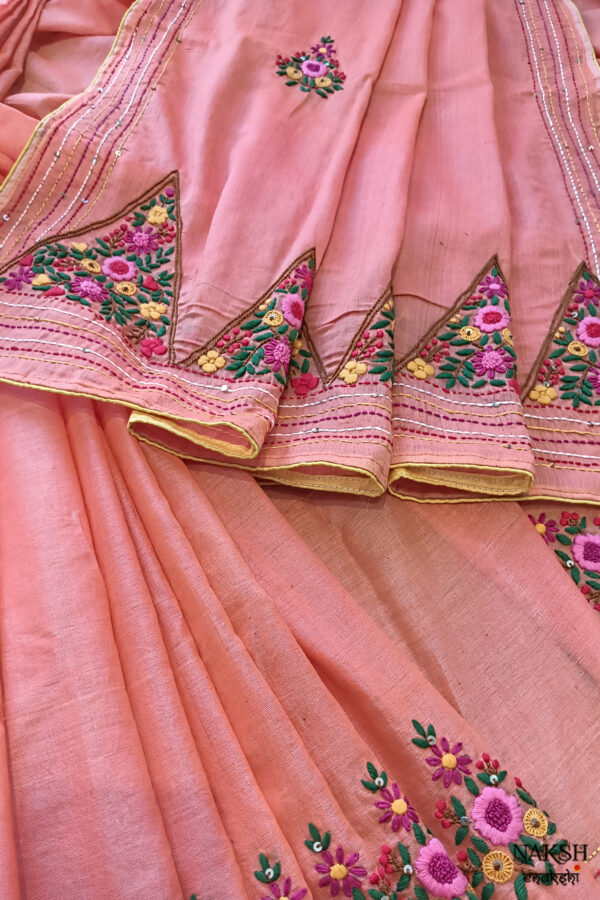 Hand embroidered tussar saree peach pink saree with embroidered blouse piece