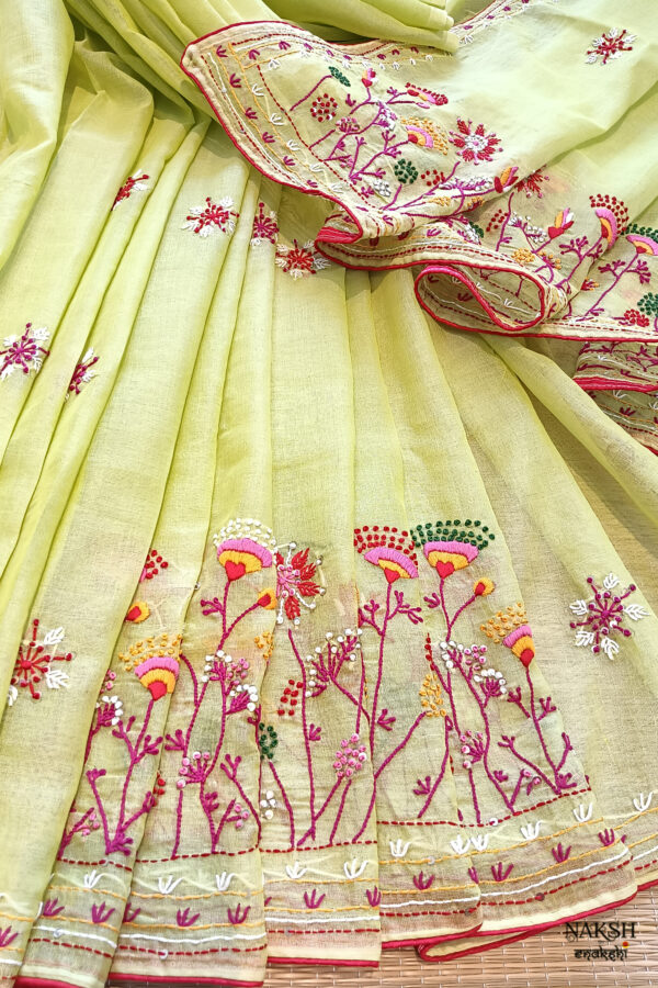 Hand embroidered tussar saree light lemon green color saree with embroidered blouse piece