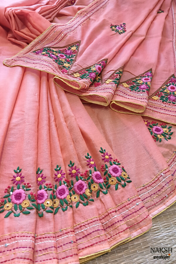 Hand embroidered tussar saree peach pink color saree with embroidered blouse piece