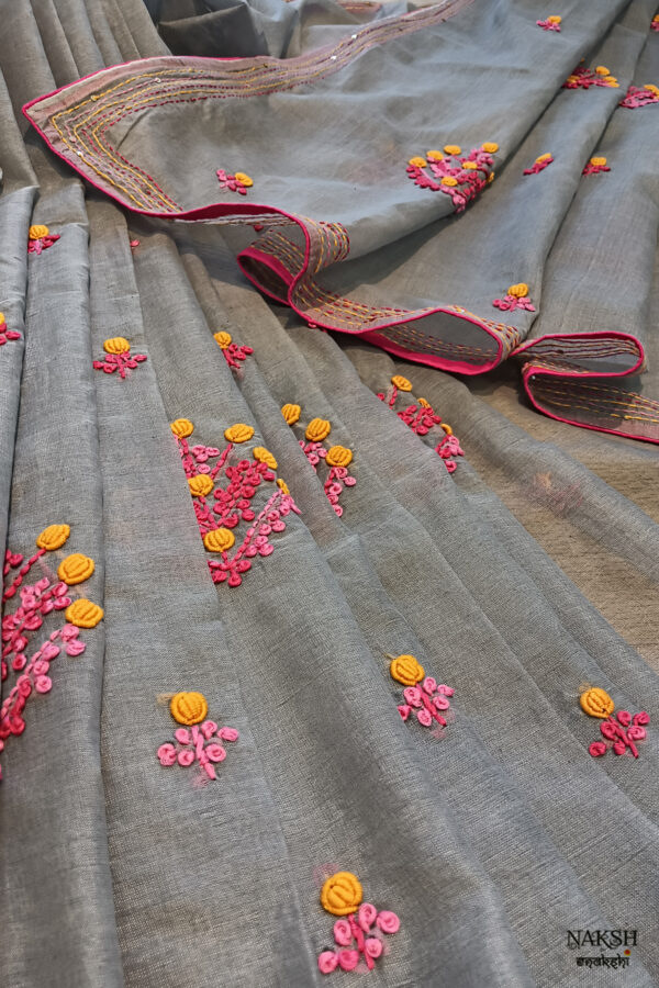 Hand embroidered tussar saree steel grey color saree with embroidered blouse piece