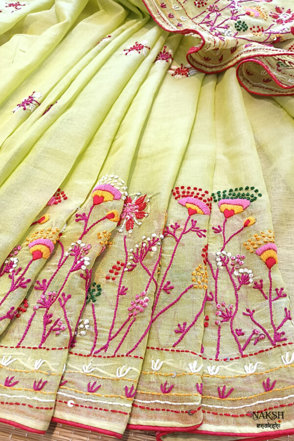 Hand embroidered tussar saree light lemon green color saree with embroidered blouse piece