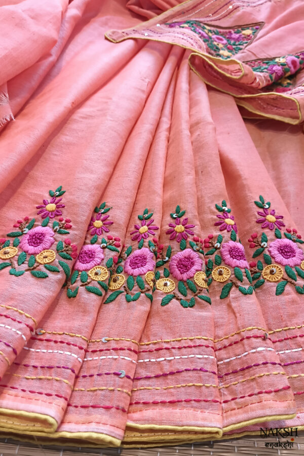 Hand embroidered tussar saree peach pink color saree with embroidered blouse piece