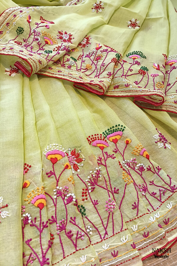 Hand embroidered tussar saree light lemon green color saree with embroidered blouse piece