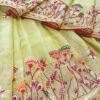 Hand embroidered tussar saree light lemon green color saree with embroidered blouse piece
