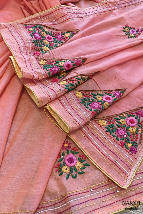 Hand embroidered tussar saree peach pink color saree with embroidered blouse piece