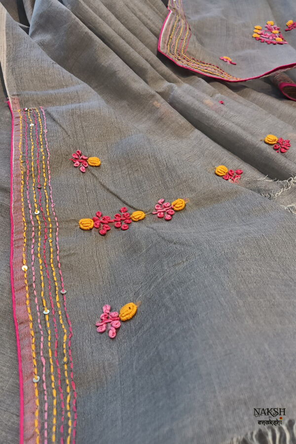 Hand embroidered tussar saree steel grey color saree with embroidered blouse piece