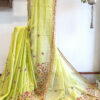 Hand embroidered tussar saree light lemon green color saree with embroidered blouse piece