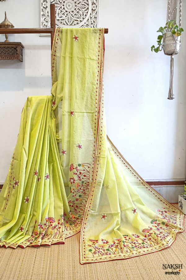 Hand embroidered tussar saree light lemon green color saree with embroidered blouse piece