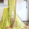 Hand embroidered tussar saree light lemon green color saree with embroidered blouse piece
