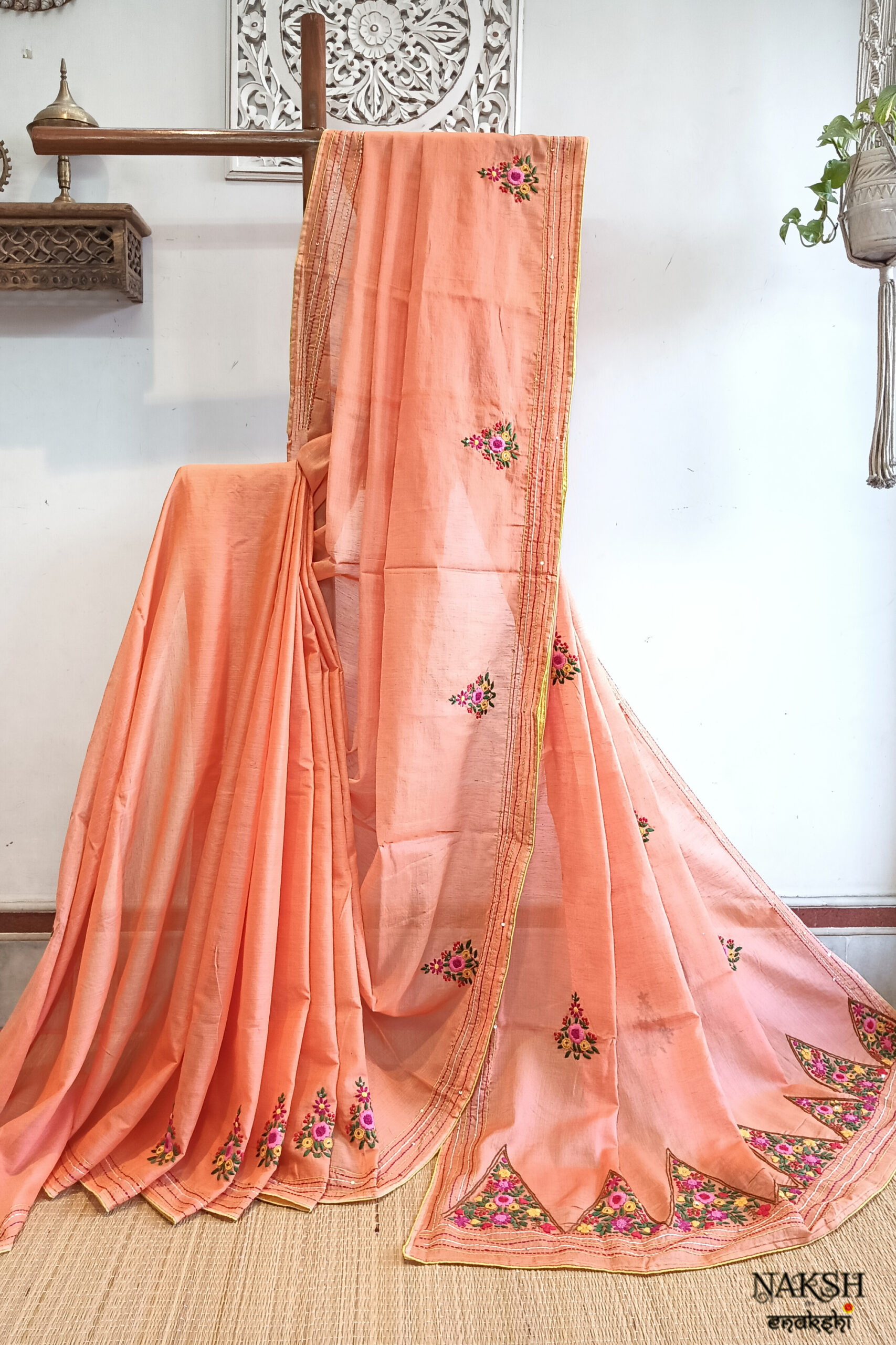 Hand embroidered tussar saree peach pink color saree with embroidered blouse piece