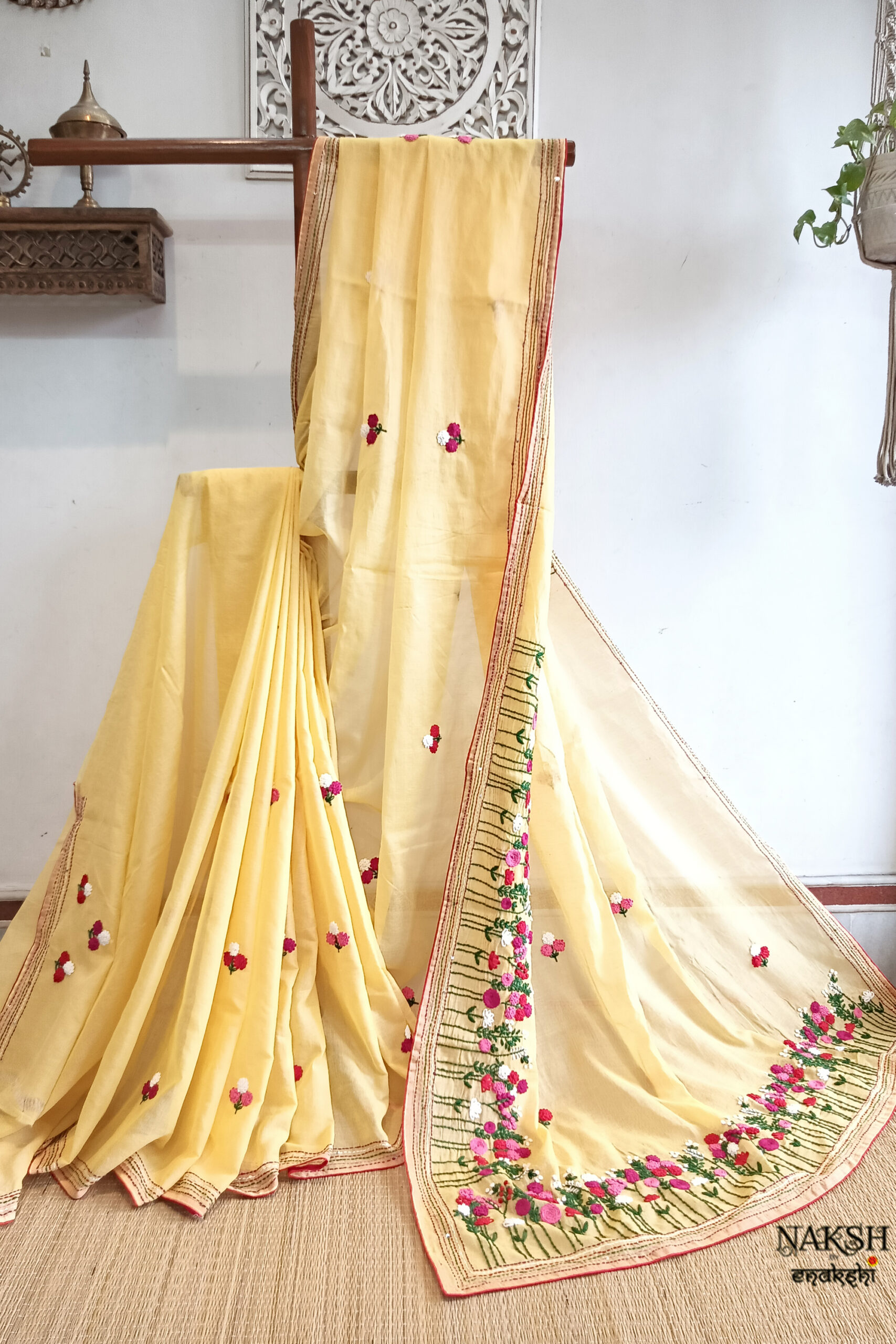 Hand embroidered tussar saree yellow color saree with embroidered blouse piece