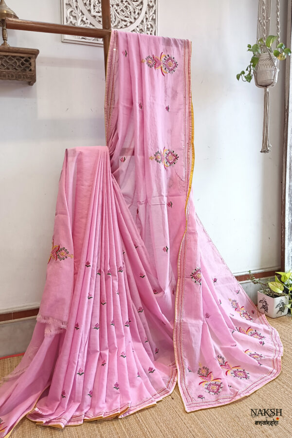 Hand embroidered tussar saree pink color saree with embroidered blouse piece
