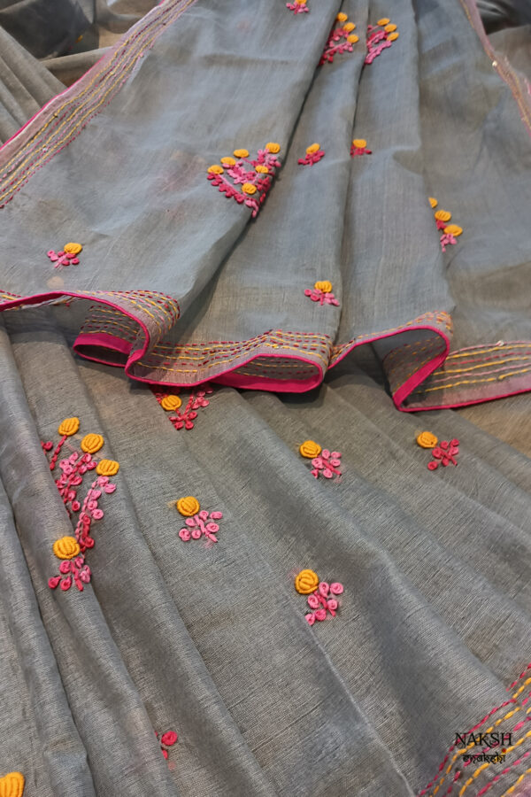 Hand embroidered tussar saree steel grey color saree with embroidered blouse piece