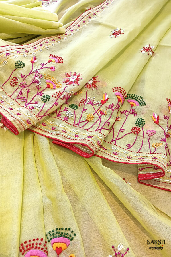 Hand embroidered tussar saree light lemon green color saree with embroidered blouse piece