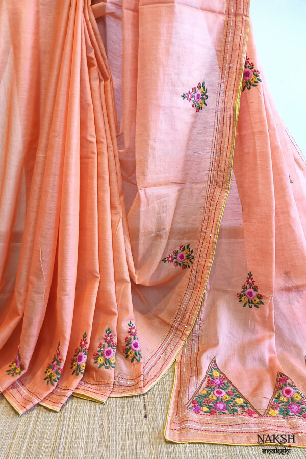 Hand embroidered tussar saree peach pink color saree with embroidered blouse piece