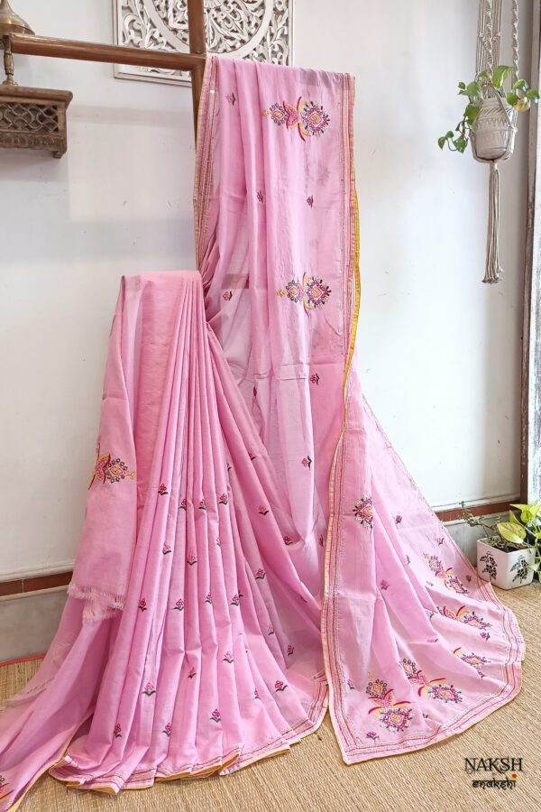 Hand embroidered tussar saree pink color saree with embroidered blouse piece