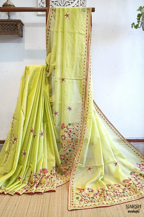 Hand embroidered tussar saree light lemon green color saree with embroidered blouse piece