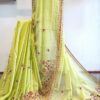 Hand embroidered tussar saree light lemon green color saree with embroidered blouse piece