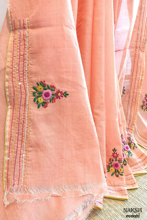 Hand embroidered tussar saree peach pink color saree with embroidered blouse piece