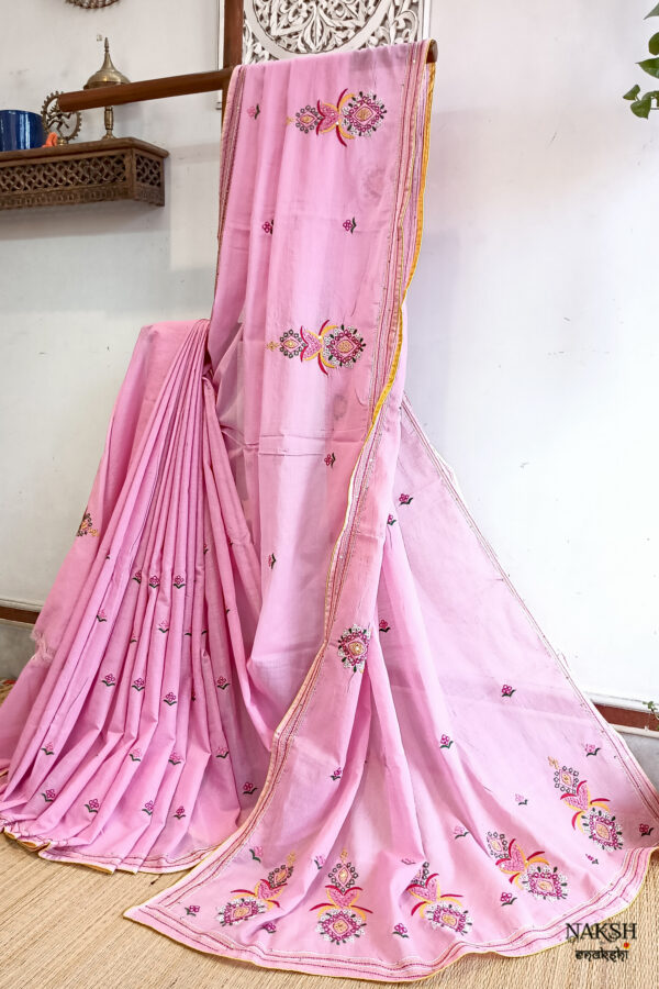 Hand embroidered tussar saree pink color saree with embroidered blouse piece