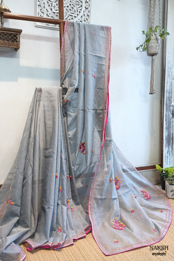 Hand embroidered tussar saree steel grey color saree with embroidered blouse piece