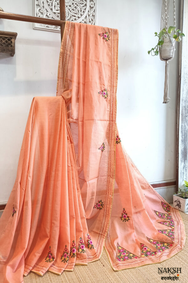 Hand embroidered tussar saree peach pink color saree with embroidered blouse piece