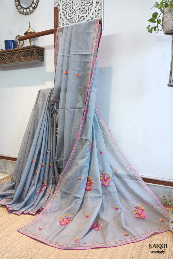 Hand embroidered tussar saree steel grey color saree with embroidered blouse piece