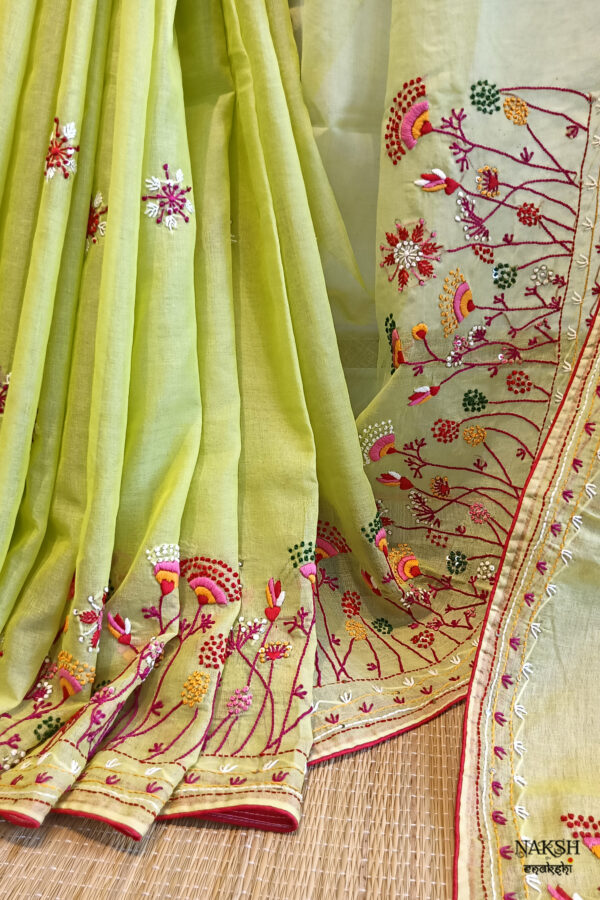 Hand embroidered tussar saree light lemon green color saree with embroidered blouse piece