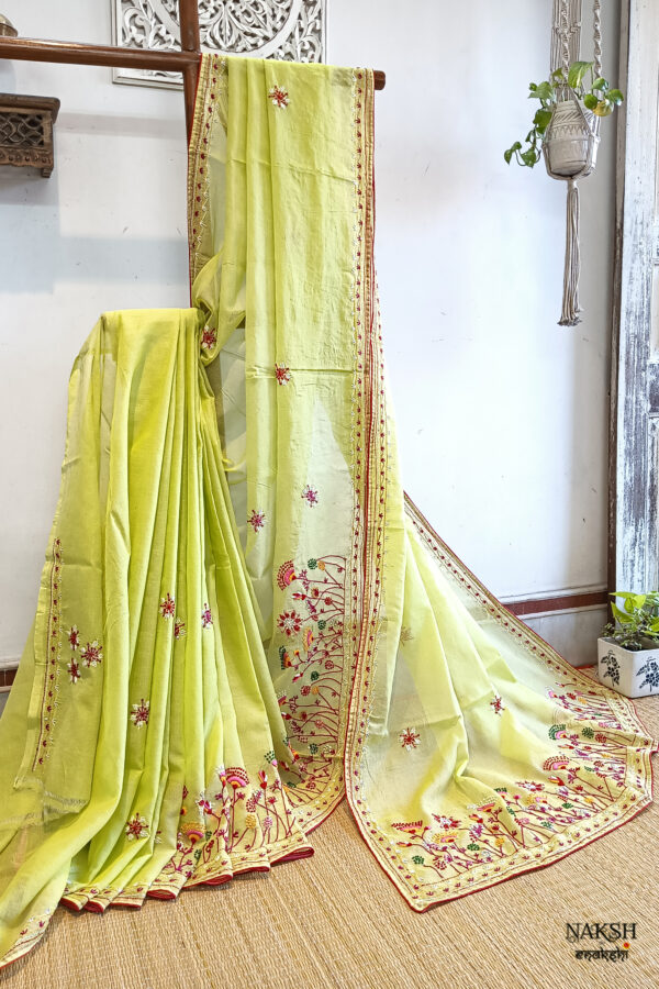 Hand embroidered tussar saree light lemon green color saree with embroidered blouse piece