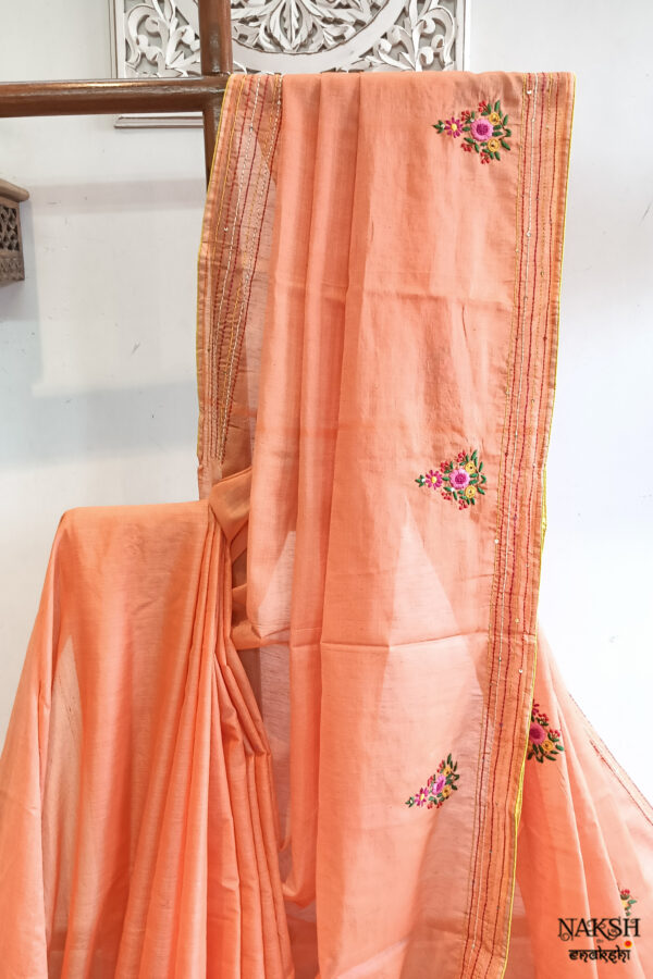 Hand embroidered tussar saree peach pink color saree with embroidered blouse piece