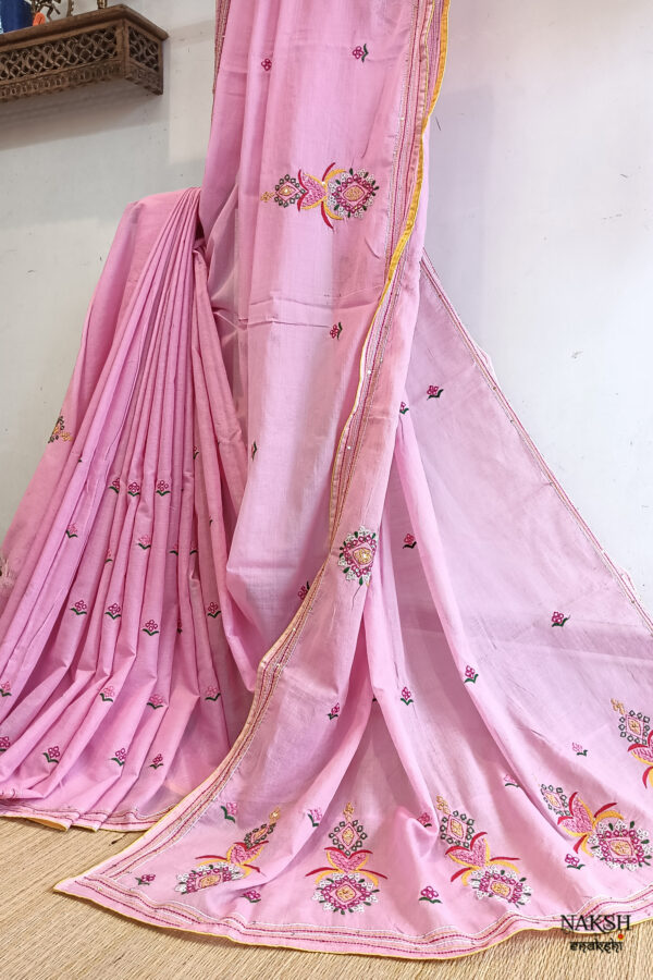Hand embroidered tussar saree pink color saree with embroidered blouse piece