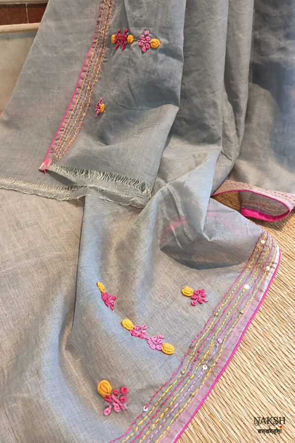 Hand embroidered tussar saree steel grey color saree with embroidered blouse piece