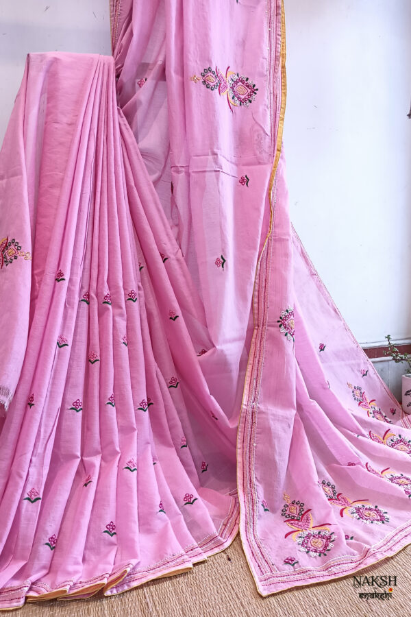 Hand embroidered tussar saree pink color saree with embroidered blouse piece