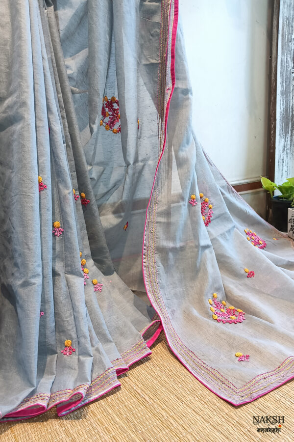 Hand embroidered tussar saree steel grey color saree with embroidered blouse piece