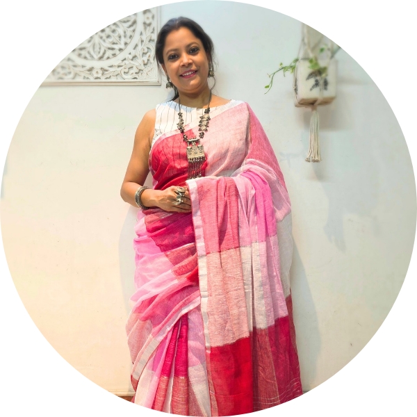 Color block linen cotton saree in pastel pink shades with blouse piece