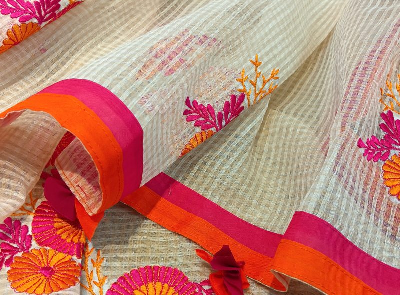 Handloom resham by cotton checks saree with embroidery work